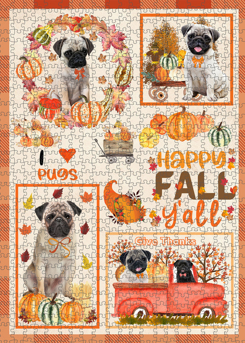 Happy Fall Y'all Pumpkin Pug Dogs Portrait Jigsaw Puzzle for Adults Animal Interlocking Puzzle Game Unique Gift for Dog Lover's with Metal Tin Box