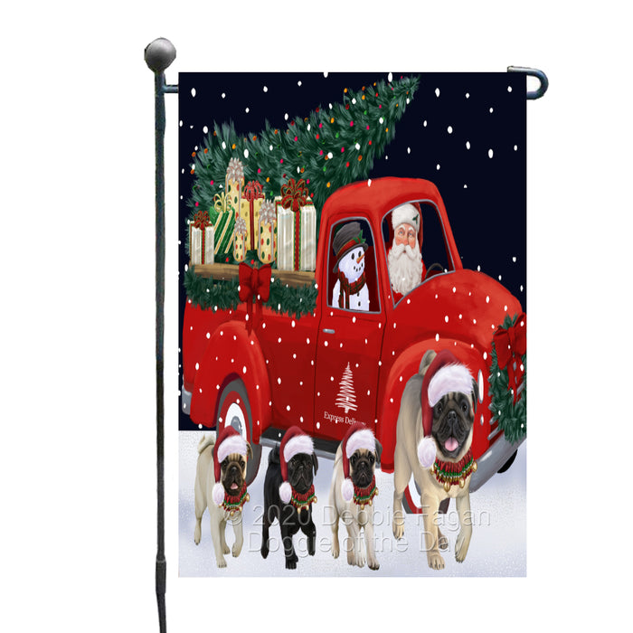 Christmas Express Delivery Red Truck Running Pug Dogs Garden Flag GFLG66486
