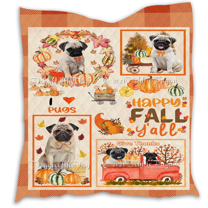 Happy Fall Y'all Pumpkin Pug Dogs Quilt Bed Coverlet Bedspread - Pets Comforter Unique One-side Animal Printing - Soft Lightweight Durable Washable Polyester Quilt