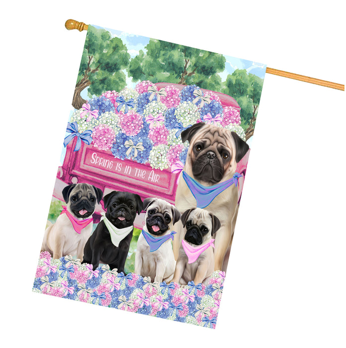 Pug Dogs House Flag: Explore a Variety of Personalized Designs, Double-Sided, Weather Resistant, Custom, Home Outside Yard Decor for Dog and Pet Lovers