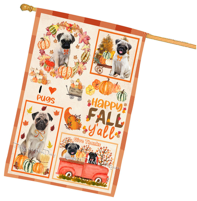 Happy Fall Y'all Pumpkin Pug Dogs House Flag Outdoor Decorative Double Sided Pet Portrait Weather Resistant Premium Quality Animal Printed Home Decorative Flags 100% Polyester