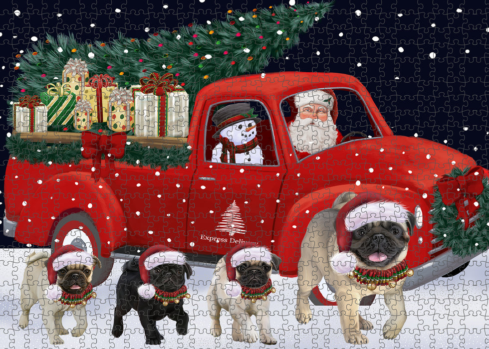 Christmas Express Delivery Red Truck Running Pug Dogs Puzzle with Photo Tin PUZL99780