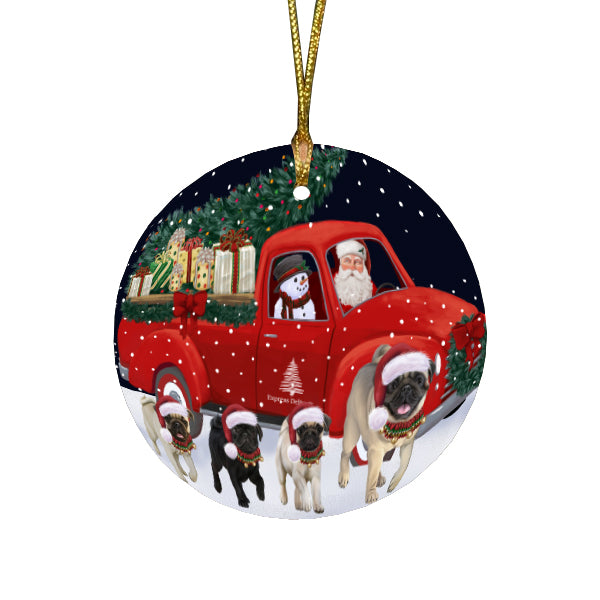 Christmas Express Delivery Red Truck Running Pug Dogs Round Flat Christmas Ornament RFPOR57770
