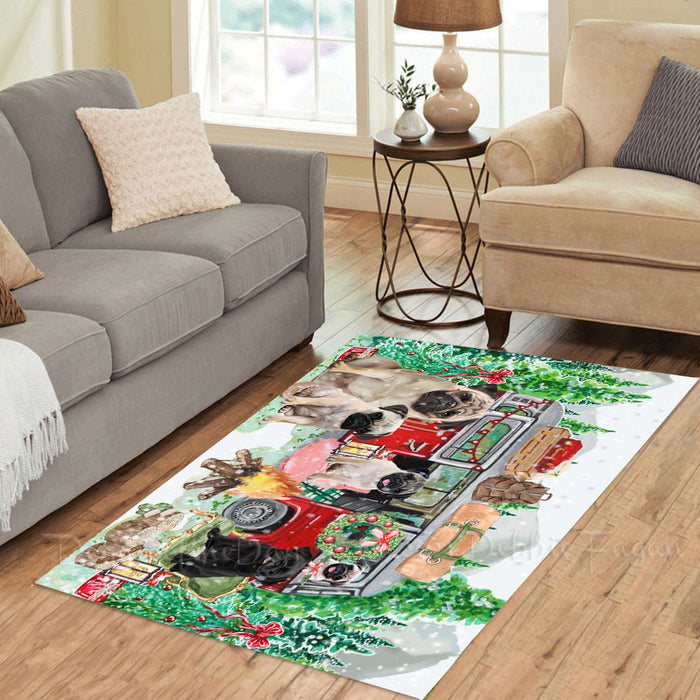 Christmas Time Camping with Pug Dogs Area Rug - Ultra Soft Cute Pet Printed Unique Style Floor Living Room Carpet Decorative Rug for Indoor Gift for Pet Lovers