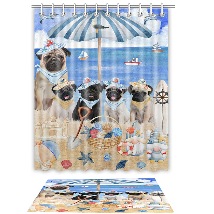 Pug Shower Curtain with Bath Mat Set: Explore a Variety of Designs, Personalized, Custom, Curtains and Rug Bathroom Decor, Dog and Pet Lovers Gift