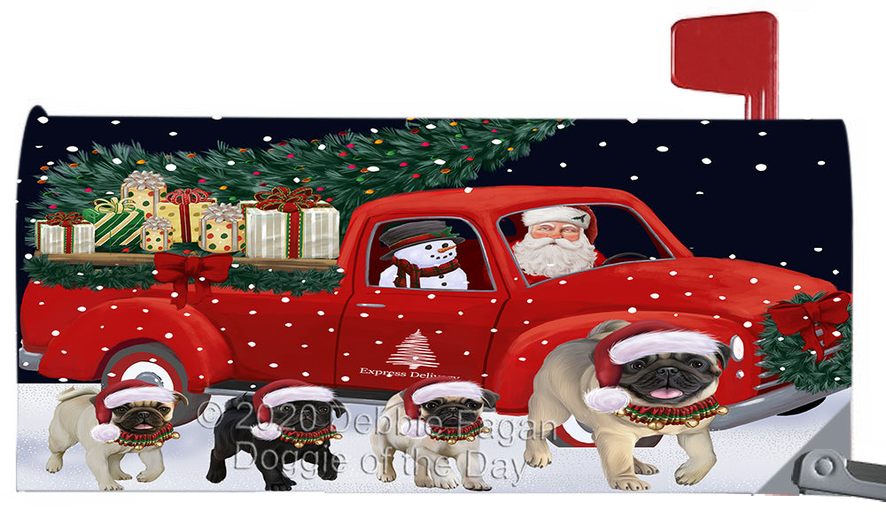 Christmas Express Delivery Red Truck Running Pug Dog Magnetic Mailbox Cover Both Sides Pet Theme Printed Decorative Letter Box Wrap Case Postbox Thick Magnetic Vinyl Material