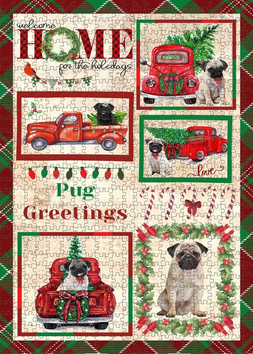 Welcome Home for Christmas Holidays Pug Dogs Portrait Jigsaw Puzzle for Adults Animal Interlocking Puzzle Game Unique Gift for Dog Lover's with Metal Tin Box