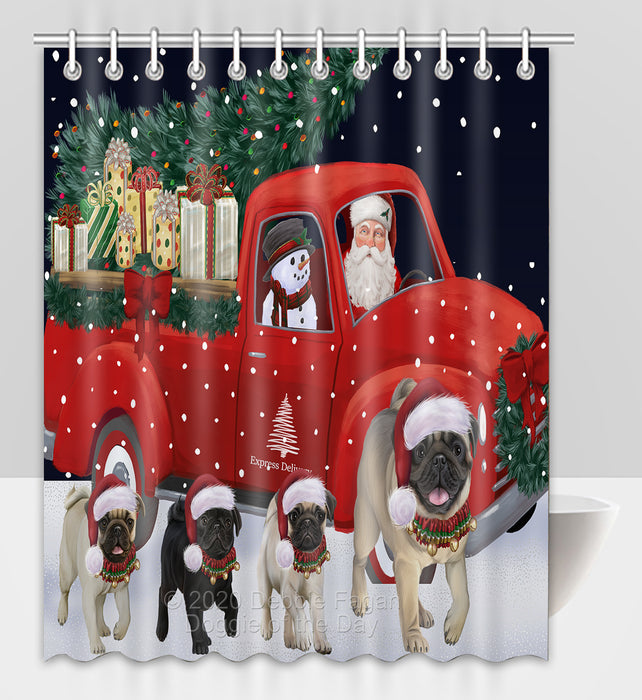Christmas Express Delivery Red Truck Running Pug Dogs Shower Curtain Bathroom Accessories Decor Bath Tub Screens