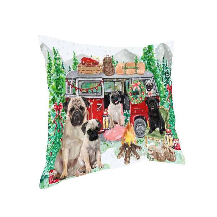 Christmas Time Camping with Pug Dogs Pillow with Top Quality High-Resolution Images - Ultra Soft Pet Pillows for Sleeping - Reversible & Comfort - Ideal Gift for Dog Lover - Cushion for Sofa Couch Bed - 100% Polyester