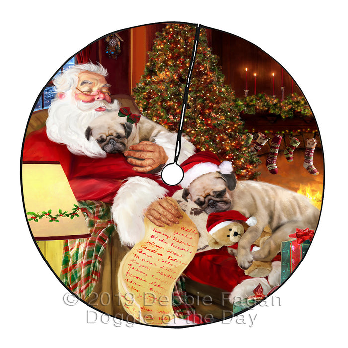 Santa Sleeping with Pug Dogs Christmas Tree Skirt