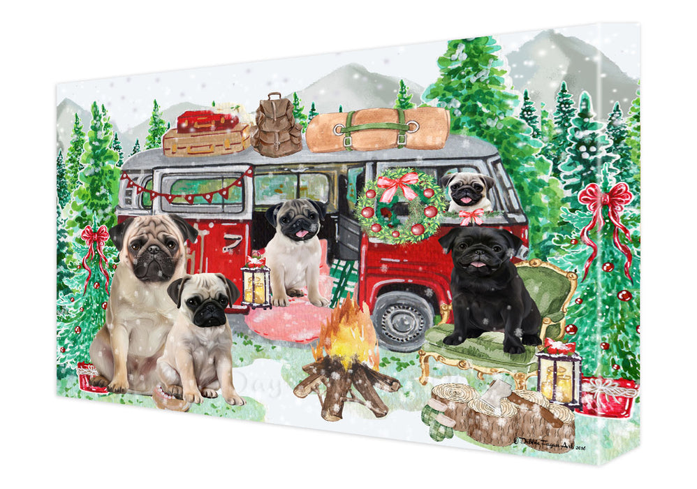 Christmas Time Camping with Pug Dogs Canvas Wall Art - Premium Quality Ready to Hang Room Decor Wall Art Canvas - Unique Animal Printed Digital Painting for Decoration