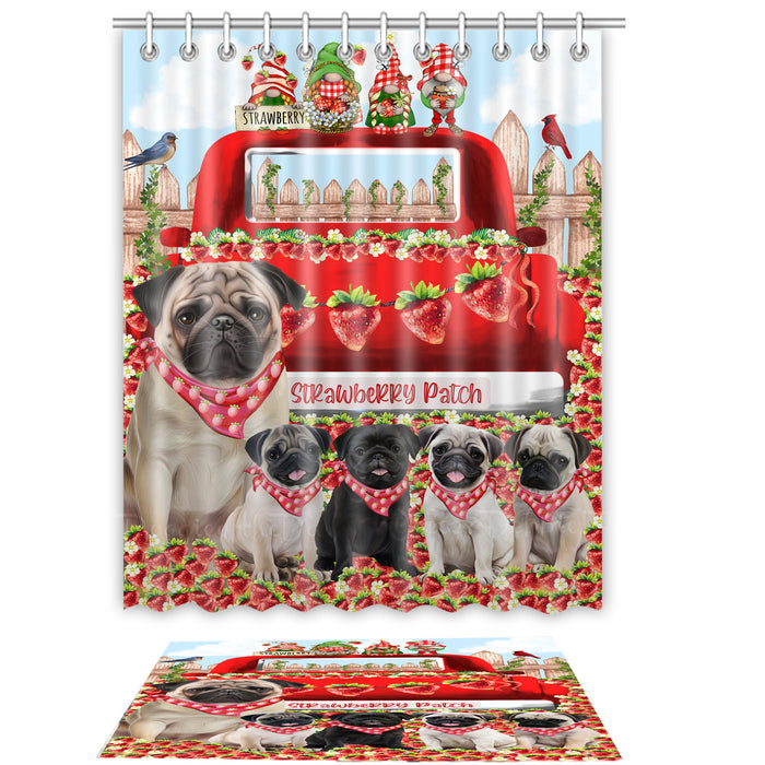 Pug Shower Curtain & Bath Mat Set, Custom, Explore a Variety of Designs, Personalized, Curtains with hooks and Rug Bathroom Decor, Halloween Gift for Dog Lovers