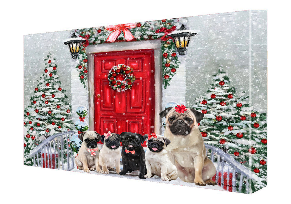 Christmas Holiday Welcome Pug Dogs Canvas Wall Art - Premium Quality Ready to Hang Room Decor Wall Art Canvas - Unique Animal Printed Digital Painting for Decoration