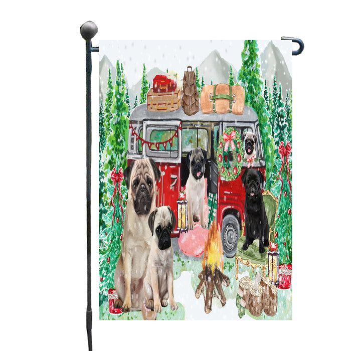 Christmas Time Camping with Pug Dogs Garden Flags- Outdoor Double Sided Garden Yard Porch Lawn Spring Decorative Vertical Home Flags 12 1/2"w x 18"h