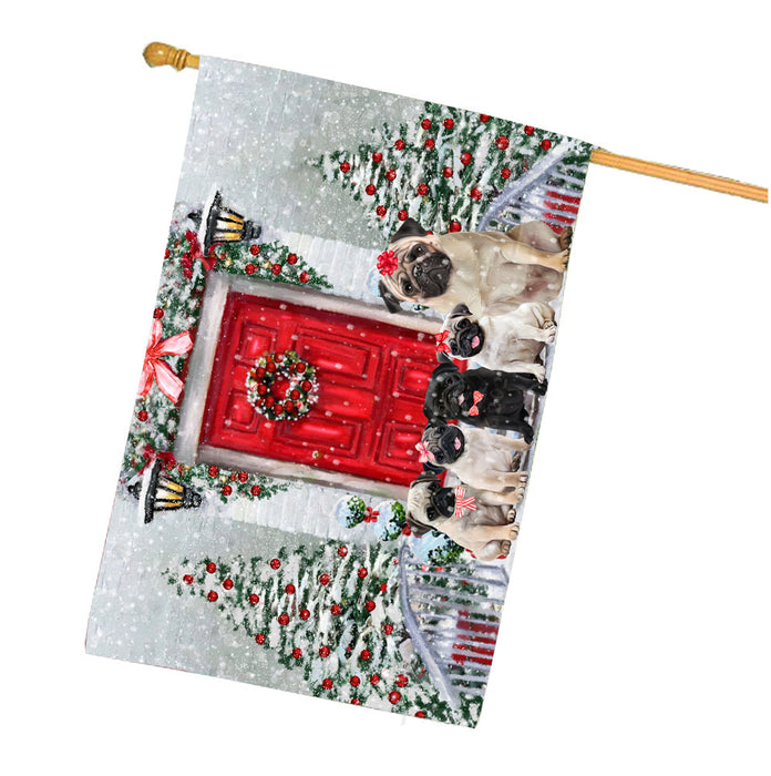 Christmas Holiday Welcome Pug Dogs House Flag Outdoor Decorative Double Sided Pet Portrait Weather Resistant Premium Quality Animal Printed Home Decorative Flags 100% Polyester