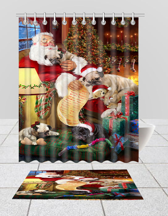 Santa Sleeping with Pug Dogs  Bath Mat and Shower Curtain Combo