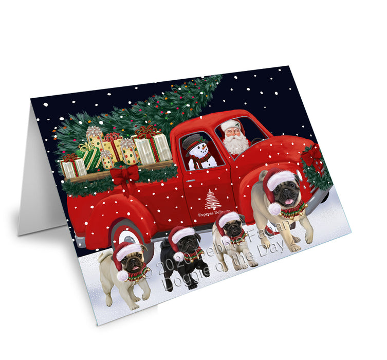 Christmas Express Delivery Red Truck Running Pug Dogs Handmade Artwork Assorted Pets Greeting Cards and Note Cards with Envelopes for All Occasions and Holiday Seasons GCD75200