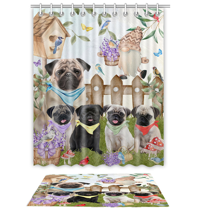 Pug Shower Curtain & Bath Mat Set - Explore a Variety of Custom Designs - Personalized Curtains with hooks and Rug for Bathroom Decor - Dog Gift for Pet Lovers