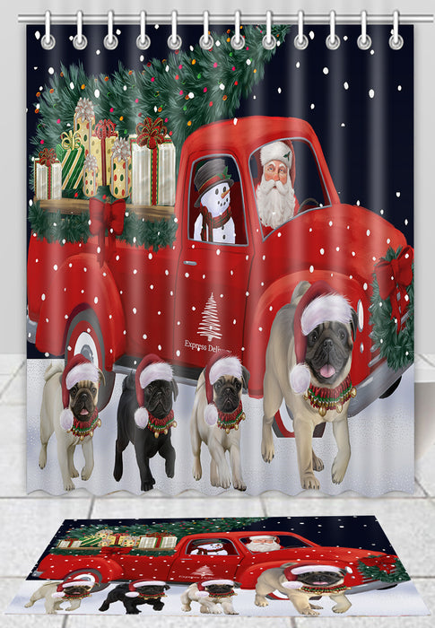 Christmas Express Delivery Red Truck Running Pug Dogs Bath Mat and Shower Curtain Combo