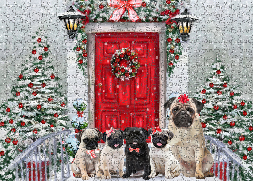 Christmas Holiday Welcome Pug Dogs Portrait Jigsaw Puzzle for Adults Animal Interlocking Puzzle Game Unique Gift for Dog Lover's with Metal Tin Box