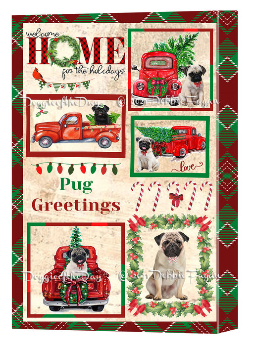 Welcome Home for Christmas Holidays Pug Dogs Canvas Wall Art Decor - Premium Quality Canvas Wall Art for Living Room Bedroom Home Office Decor Ready to Hang CVS149777