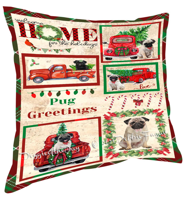 Welcome Home for Christmas Holidays Pug Dogs Pillow with Top Quality High-Resolution Images - Ultra Soft Pet Pillows for Sleeping - Reversible & Comfort - Ideal Gift for Dog Lover - Cushion for Sofa Couch Bed - 100% Polyester
