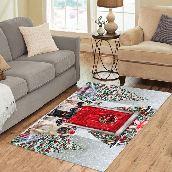 Christmas Holiday Welcome Pug Dogs Area Rug - Ultra Soft Cute Pet Printed Unique Style Floor Living Room Carpet Decorative Rug for Indoor Gift for Pet Lovers