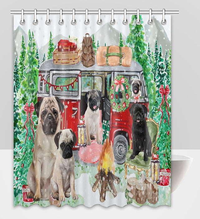 Christmas Time Camping with Pug Dogs Shower Curtain Pet Painting Bathtub Curtain Waterproof Polyester One-Side Printing Decor Bath Tub Curtain for Bathroom with Hooks