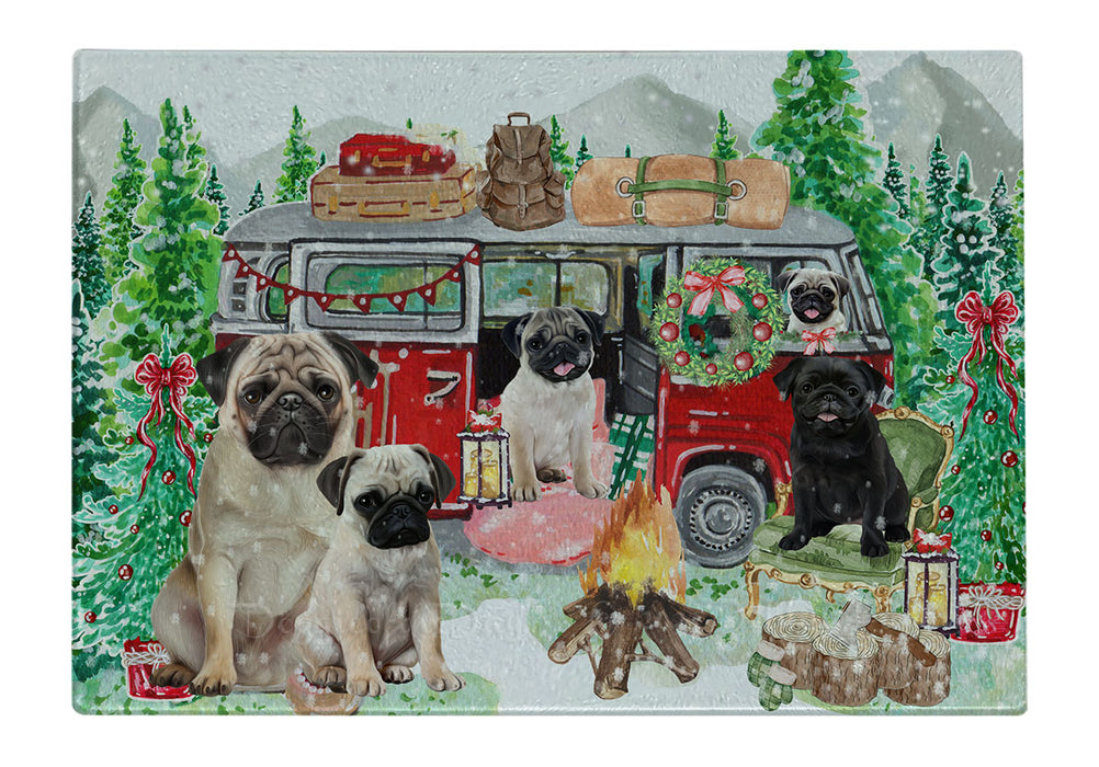 Christmas Time Camping with Pug Dogs Cutting Board - For Kitchen - Scratch & Stain Resistant - Designed To Stay In Place - Easy To Clean By Hand - Perfect for Chopping Meats, Vegetables