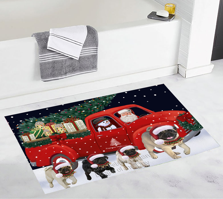 Christmas Express Delivery Red Truck Running Pug Dogs Bath Mat BRUG53566