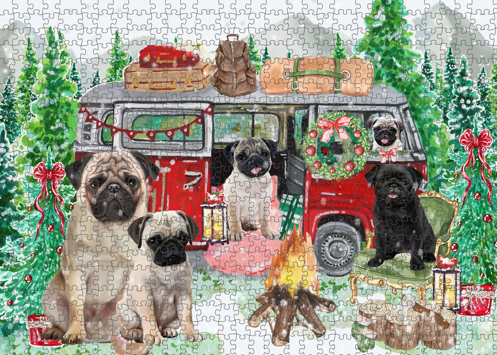 Christmas Time Camping with Pug Dogs Portrait Jigsaw Puzzle for Adults Animal Interlocking Puzzle Game Unique Gift for Dog Lover's with Metal Tin Box