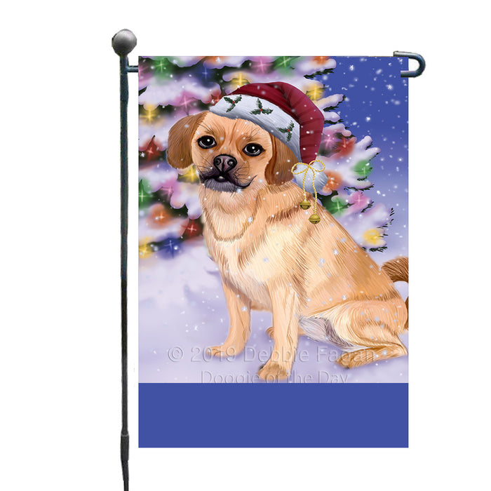 Personalized Winterland Wonderland Puggle Dog In Christmas Holiday Scenic Background Custom Garden Flags GFLG-DOTD-A61369