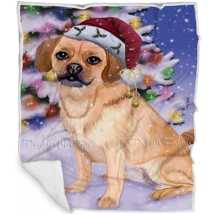 Winterland Wonderland Puggle Dog In Christmas Holiday Scenic Background Blanket BLNKT120846
