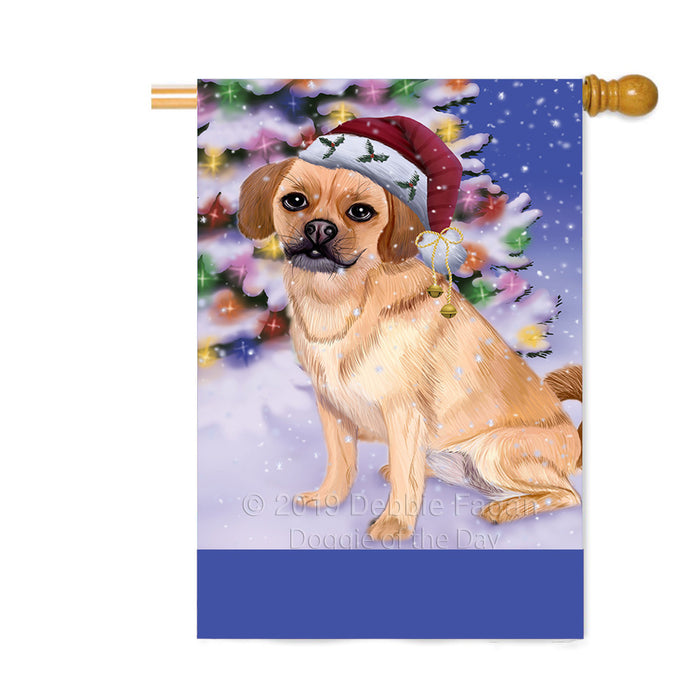 Personalized Winterland Wonderland Puggle Dog In Christmas Holiday Scenic Background Custom House Flag FLG-DOTD-A61425