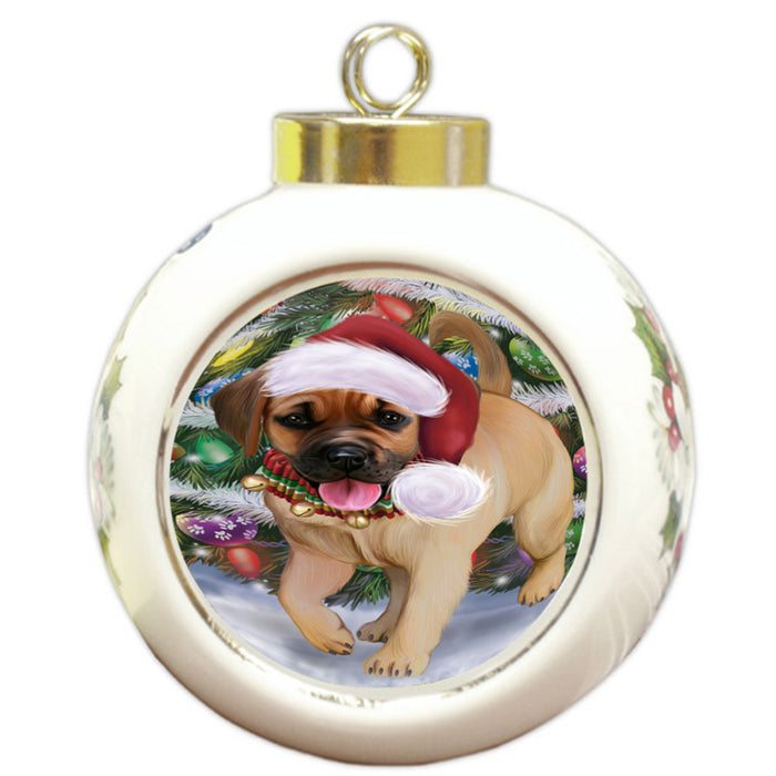 Trotting in the Snow Puggle Dog Round Ball Christmas Ornament RBPOR58465