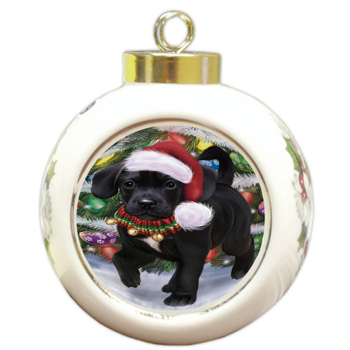 Trotting in the Snow Puggle Dog Round Ball Christmas Ornament RBPOR58466