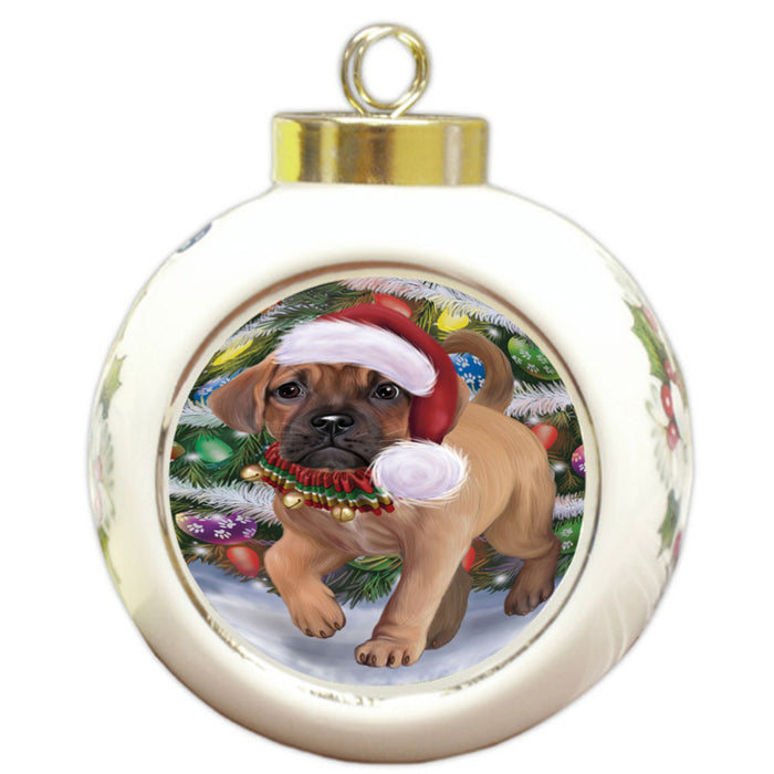 Trotting in the Snow Puggle Dog Round Ball Christmas Ornament RBPOR58467