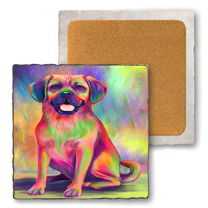 Paradise Wave Puggle Dog Set of 4 Natural Stone Marble Tile Coasters MCST52519