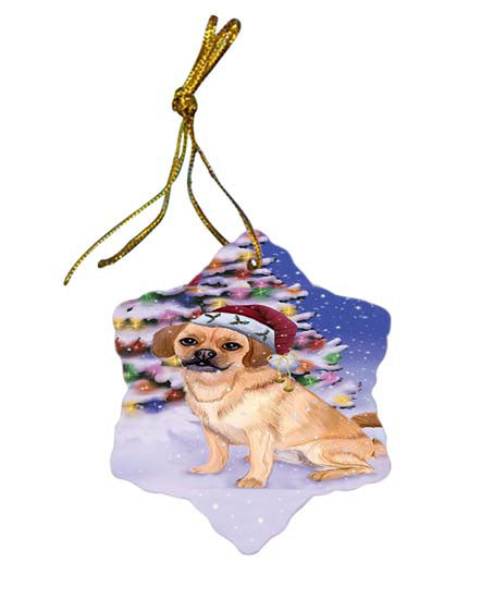 Winterland Wonderland Puggle Dog In Christmas Holiday Scenic Background Star Porcelain Ornament SPOR56070