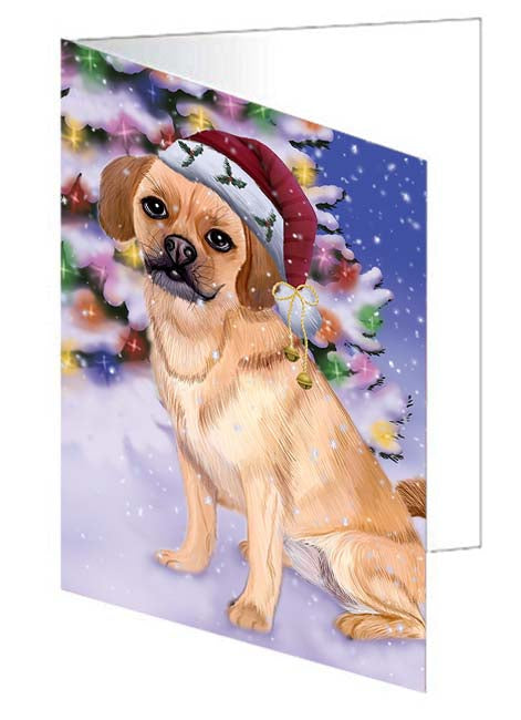 Winterland Wonderland Puggle Dog In Christmas Holiday Scenic Background Handmade Artwork Assorted Pets Greeting Cards and Note Cards with Envelopes for All Occasions and Holiday Seasons GCD71657
