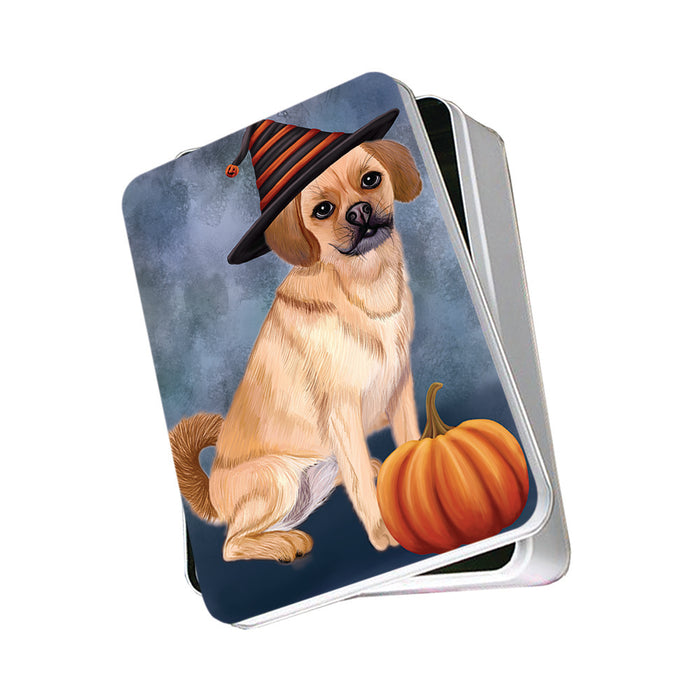 Happy Halloween Puggle Dog Wearing Witch Hat with Pumpkin Photo Storage Tin PITN54718