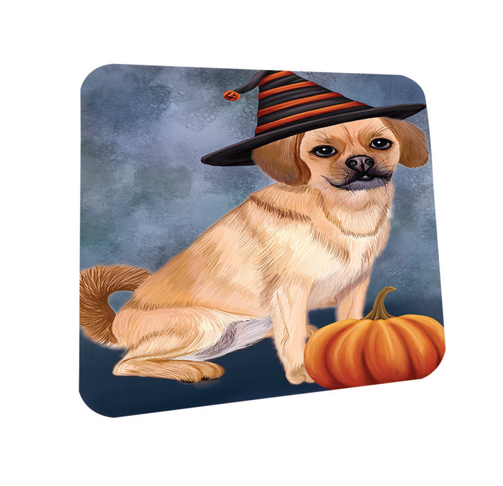 Happy Halloween Puggle Dog Wearing Witch Hat with Pumpkin Coasters Set of 4 CST54733