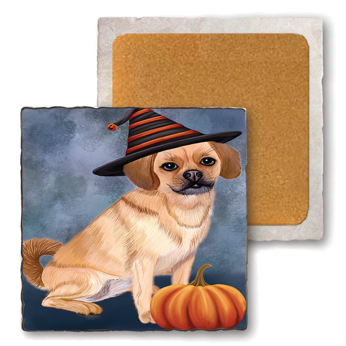 Happy Halloween Puggle Dog Wearing Witch Hat with Pumpkin Set of 4 Natural Stone Marble Tile Coasters MCST49775