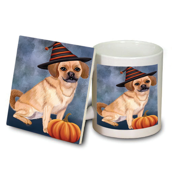 Happy Halloween Puggle Dog Wearing Witch Hat with Pumpkin Mug and Coaster Set MUC54767
