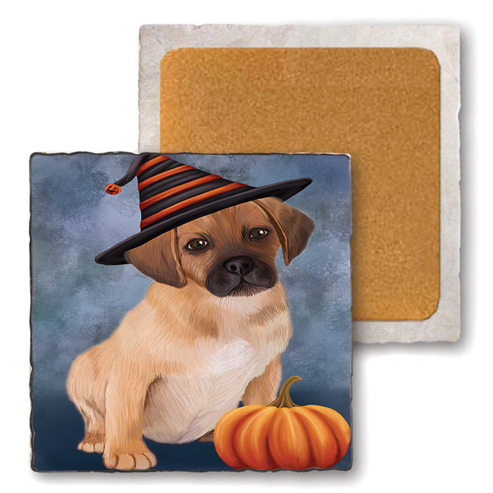 Happy Halloween Puggle Dog Wearing Witch Hat with Pumpkin Set of 4 Natural Stone Marble Tile Coasters MCST49776