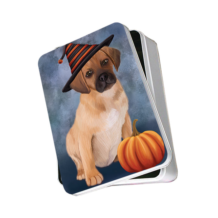 Happy Halloween Puggle Dog Wearing Witch Hat with Pumpkin Photo Storage Tin PITN54719
