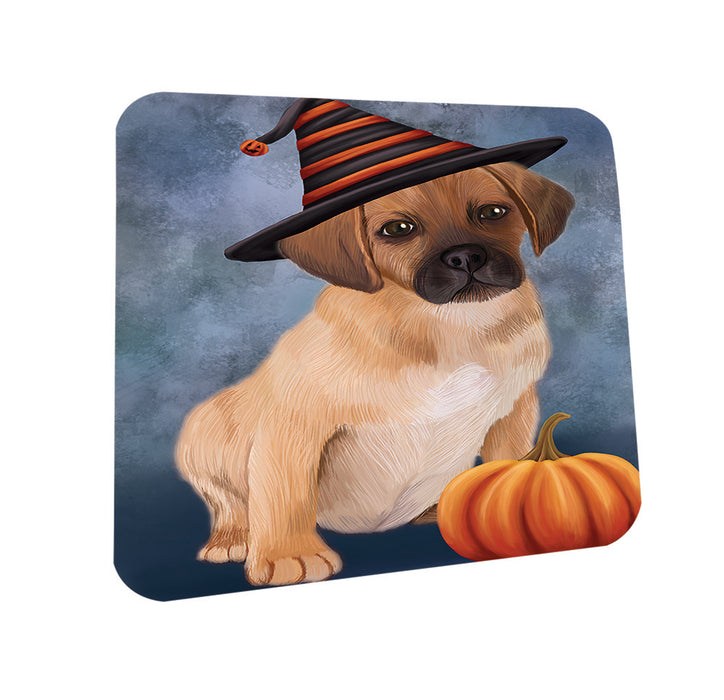 Happy Halloween Puggle Dog Wearing Witch Hat with Pumpkin Coasters Set of 4 CST54734