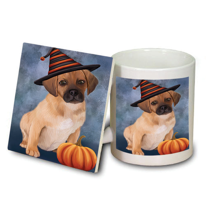 Happy Halloween Puggle Dog Wearing Witch Hat with Pumpkin Mug and Coaster Set MUC54768