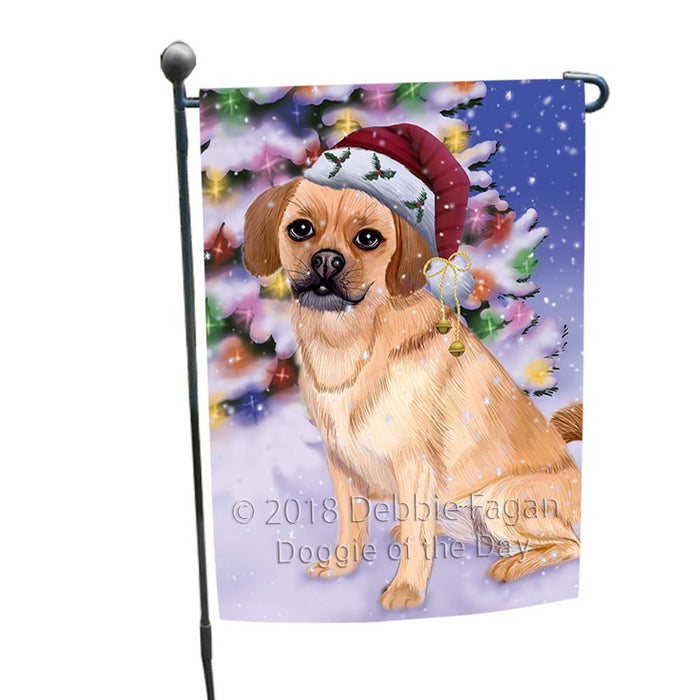Winterland Wonderland Puggle Dog In Christmas Holiday Scenic Background Garden Flag GFLG56007