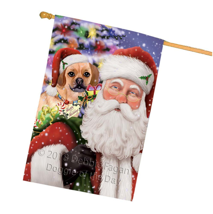 Santa Carrying Puggle Dog and Christmas Presents House Flag FLG55946